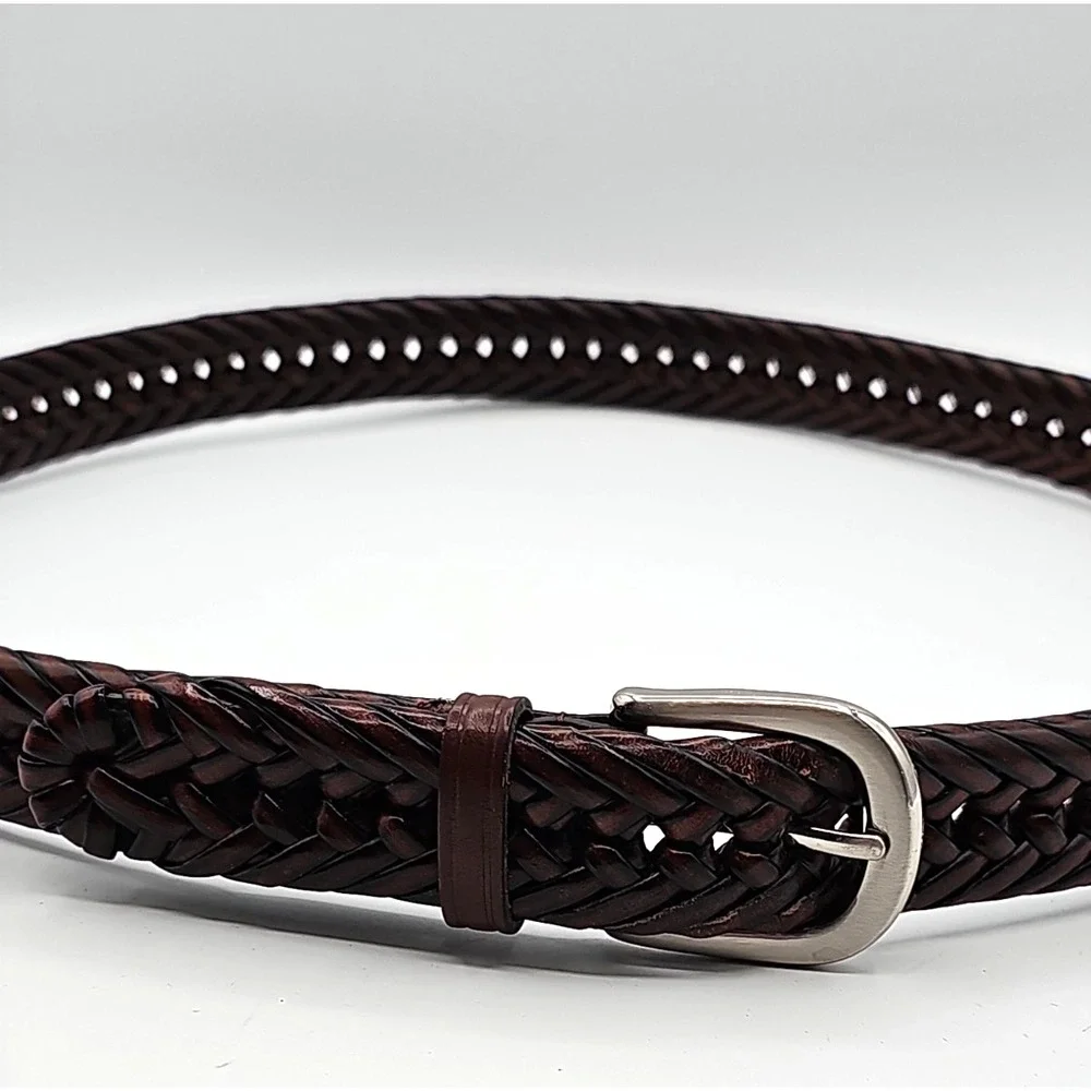 Braided Genuine Leather Belt Brown Silver Buckle Adjustable up 48